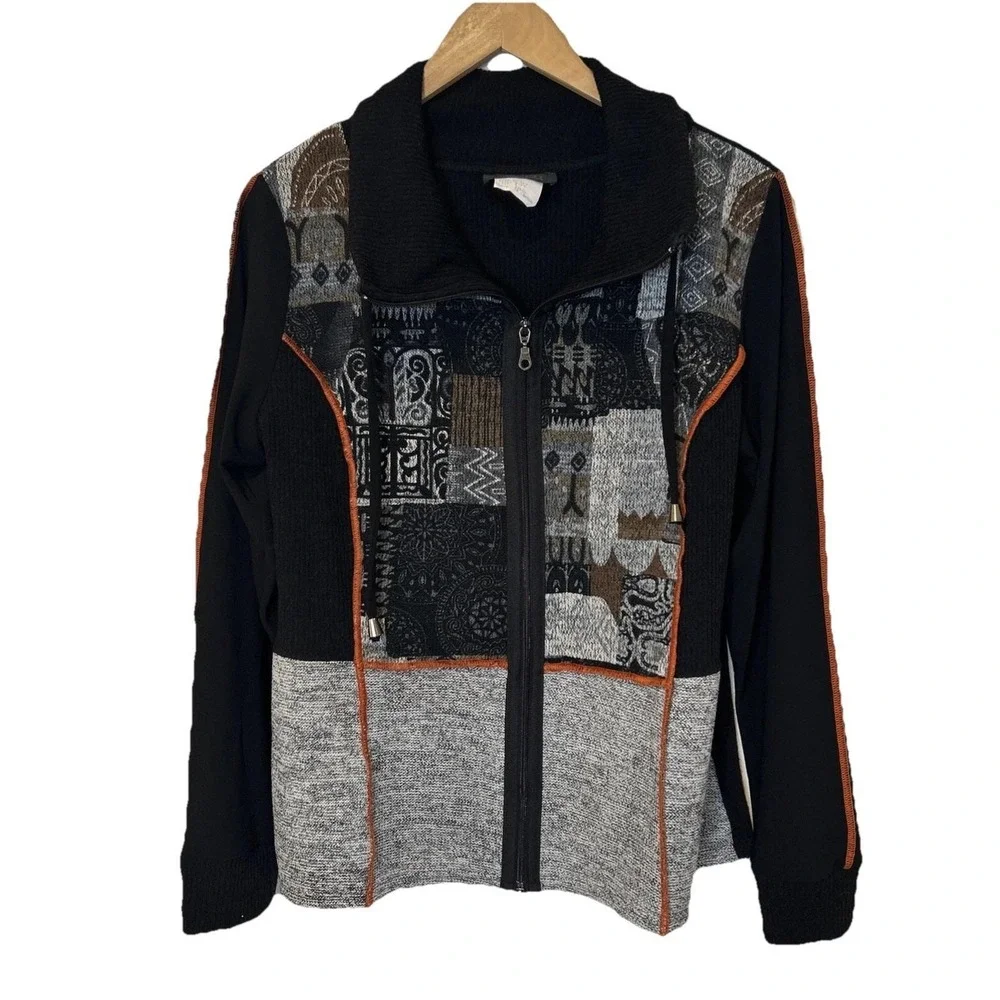 Bali Full Zip Jacket Women 1X Black Patchwork Mixed Media Ribbed Canada - Picture 2 of 8